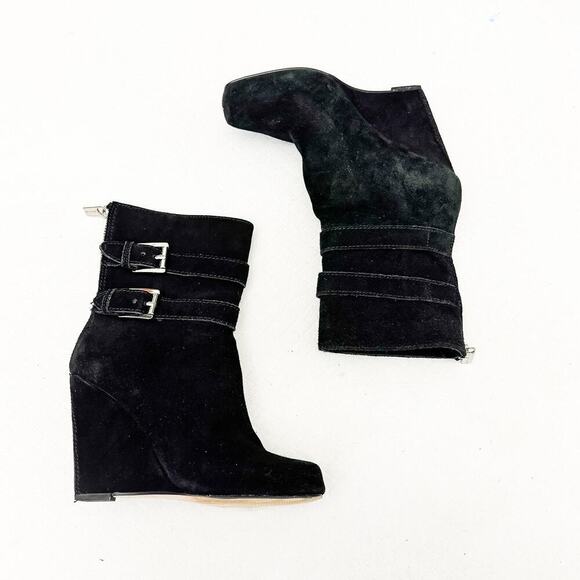 Michael Kors Black Leather Wedge Bootie Belted Accent Faux Suede Boot Size 6 - Picture 6 of 6